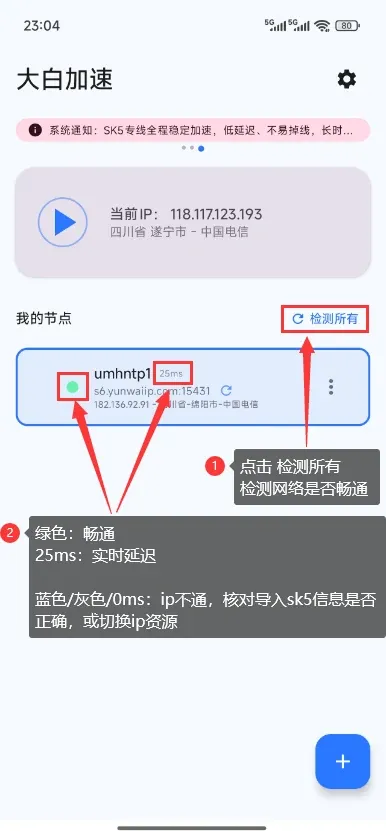 大白加速器使用教程:安卓下载安装、SK5批量导入、连接检测与出口IP核对插图3 在首页点检测所有查看节点状态