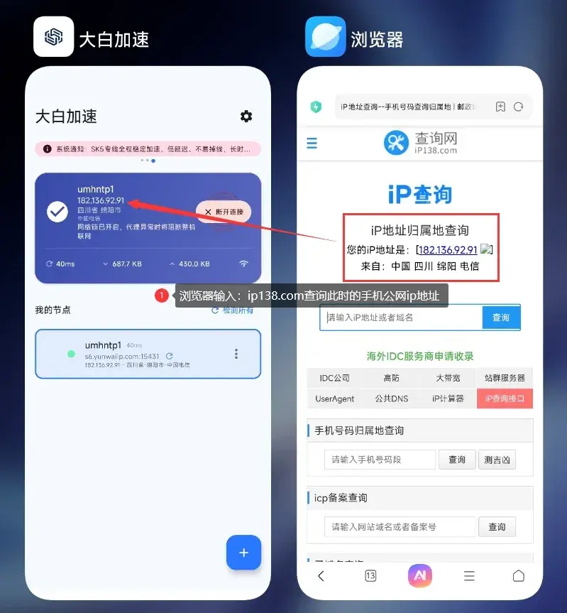 大白加速器使用教程:安卓下载安装、SK5批量导入、连接检测与出口IP核对插图6 用浏览器查询当前出口 IP 是否已切换